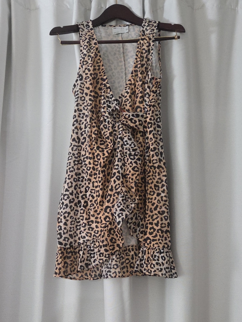 ASOS DESIGN Leopard Print Ruffle Wrap Mini Dress in Beige and Black